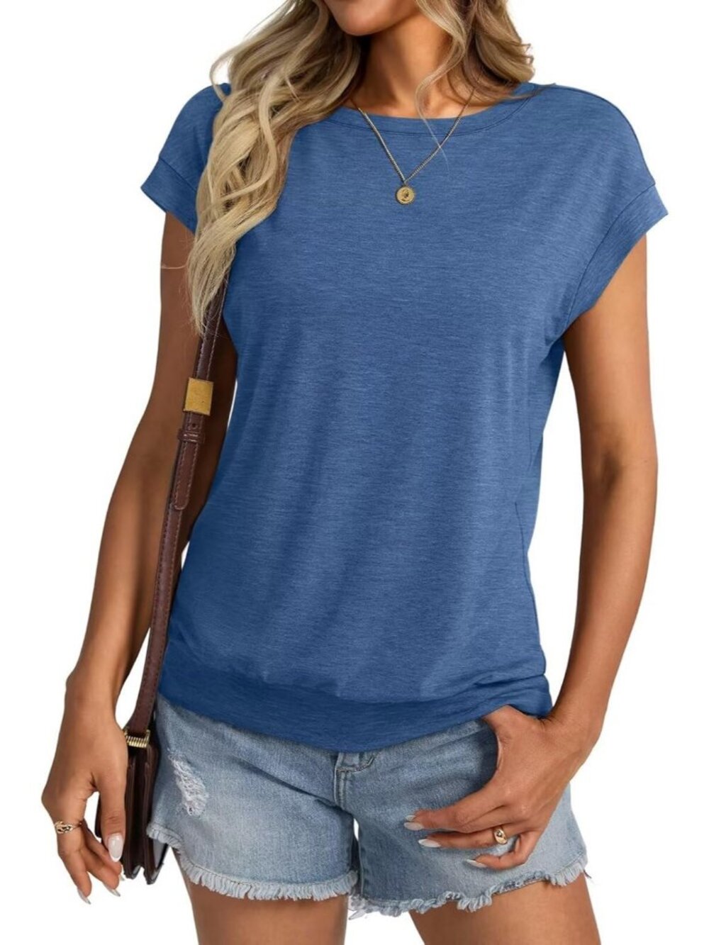 Women's Blue Banded Bottom Crewneck Cap Short Sleeve T Shirts Loose Fit Tops